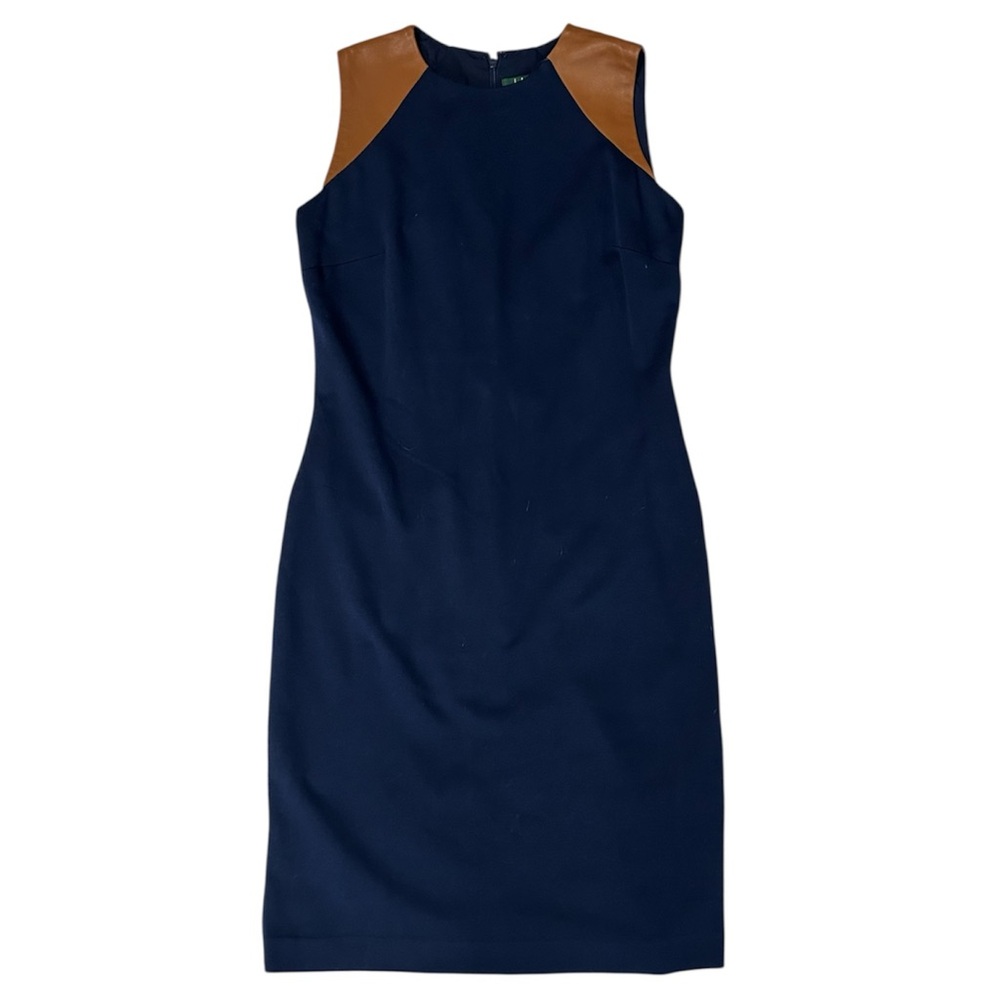 Lauren Ralph Lauren Sleeveless Dress Navy Lined Leather Trim Classy Tailored 4P